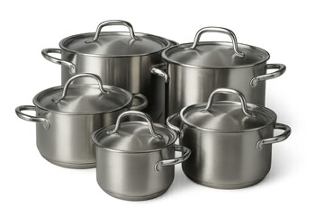 Stainless steel cooking pots of different sizes forming a set on transparent background