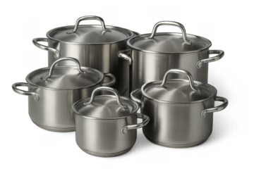 Stainless steel cooking pots of different sizes forming a set on transparent background