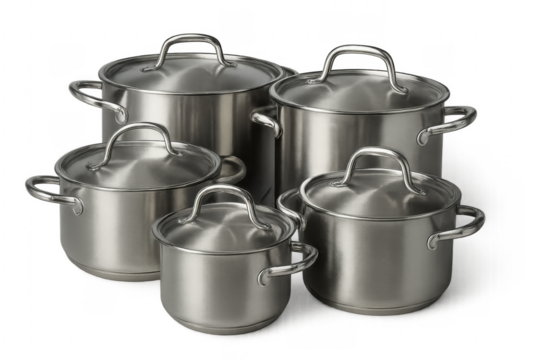 Stainless steel cooking pots of different sizes forming a set on transparent background