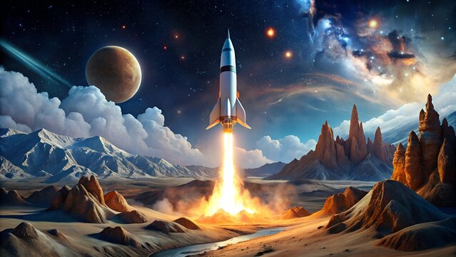 A powerful rocket launches into a vibrant, starfilled galaxy, soaring over a dramatic alien landscape of rocky mountains and a glowing river