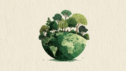 Earth globe, surrounded by lush trees, on a light beige background