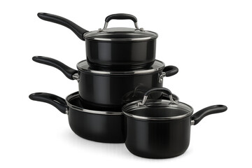 Set of black pots and pans with glass lids isolated on transparent background