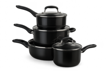 Set of black pots and pans with glass lids isolated on transparent background