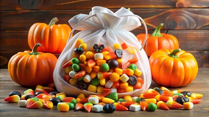 A festive halloween scene with a bag overflowing with colorful candy surrounded by plump pumpkins on a wooden background
