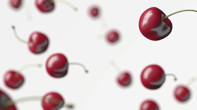 Cherries falling in slow motion, depth of field