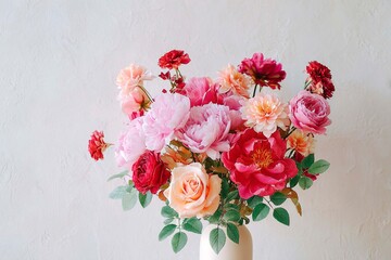 A beautiful bouquet of peonies and roses in shades of pink, red and cream, with leaves hanging down on a light background. Delicate floral greeting card