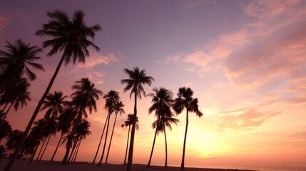 Obraz premium Tropical dawn with silhouetted coconut trees swaying against a vibrant colorful sky, evoking serene beachside tranquility and natural beauty from a dramatic side angle