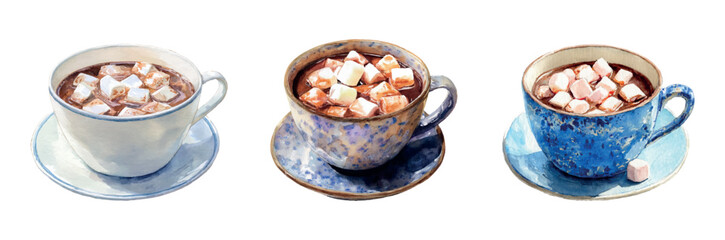 Set of watercolor cups of hot cocoa with marshmallows. Ceramic mugs with a hot fragrant drink sprinkled with sweet marshmallows. Hot drink elements for cold weather. Christmas drinks. 