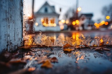 Frozen puddles on a street corner at dusk