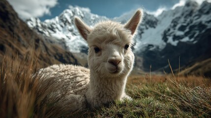 Obraz premium A llama relaxes in a field of grass, surrounded by majestic mountains and cloud-filled skies