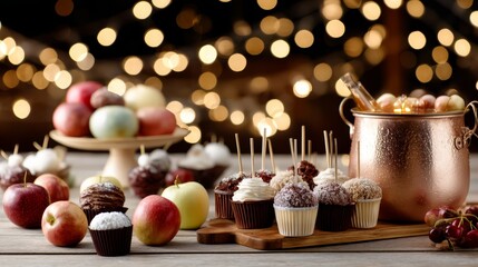 Festive autumn harvest celebration with glowing apple cider cauldron rustic desserts and twinkling string lights in a warm inviting setting