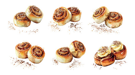 Watercolor set of French Cinnabon buns. Appetizing buns with cinnamon and custard. Elements of desserts and sweet pastries. Concept of French desserts. Vector illustration.