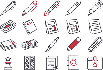 Obraz premium Illustration of various office and study supplies including pens, notebooks, calculators, and other items
