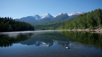 Serene alpine lake at dawn with snowcapped peaks reflected in crystalclear water, mist drifting across surface, lone loon swimming, lush green forest background, tranquil and breathtaking atmosphere