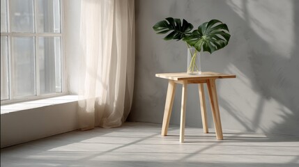Scandinavianstyle cozy reading nook with natural sunlight softening sheer curtains a teak side table holding a lush monstera plant minimalist warm aesthetic