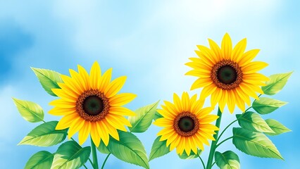 Obraz premium Three vibrant sunflowers bloom against a soft blue sky, creating a cheerful and sunny floral background with a watercolor effect