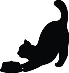 Stretching black cat silhouette on white background in minimalist vector style