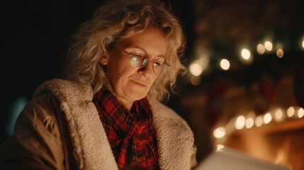 Silverhaired woman with glasses focused on a tablet at cozy fireplace, reading chess app with flickering glow, holiday ambiance, warm tones, textured coat and patterned scarf, peaceful and contemplat