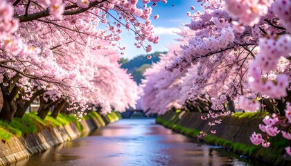 Pink blossoms line canal