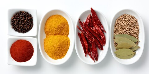 Assorted spices in small white bowls (3)