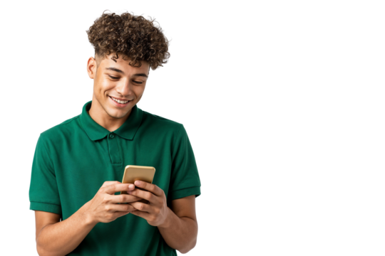 Smiling young man texting on smartphone, isolated on transparent background - Powered by Adobe