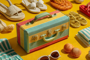 Suitcase, stylish swimsuit and beach accessories on yellow background