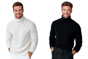 Two handsome models posing together in a classic turtleneck sweater, Men's autumn/winter fashion concept, isolated on transparent background