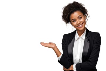 Cheerful African American Businesswoman smiling with happy expression, showing welcome or greeting gesture, isolated on transparent background