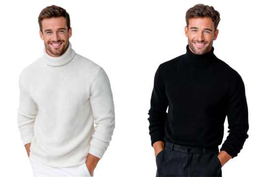 Two handsome models posing together in a classic turtleneck sweater, Men's autumn/winter fashion concept, isolated on transparent background