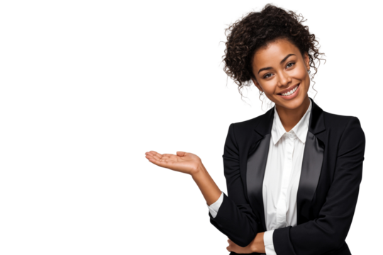Cheerful African American Businesswoman smiling with happy expression, showing welcome or greeting gesture, isolated on transparent background