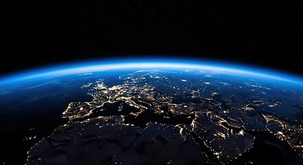 Europe at Night: Satellite View, Illuminated Cities, Dark Ocean, Dramatic Atmosphere, Global Perspective.