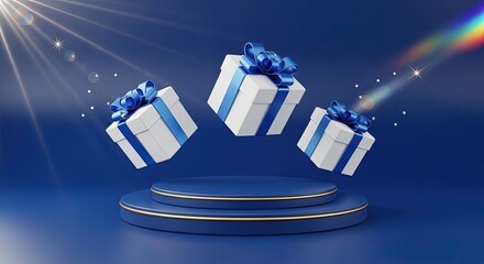 Three White Gift Boxes with Blue Ribbons Falling onto a Blue Podium; Festive, Elegant, 3D Render.