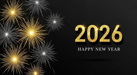 Elegant Gold and Silver Fireworks: 2026 Happy New Year Celebration Design