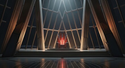 Futuristic Throne Room:  Glowing Red Throne,  Dark Modern Architecture,  Space View, Dramatic Lighting.