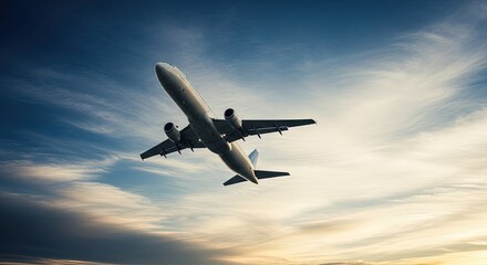 Airplane Ascending at Sunset: Dramatic, Serene Commercial Flight Stock Photo