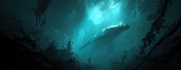 Underwater cavern with colossal creature
