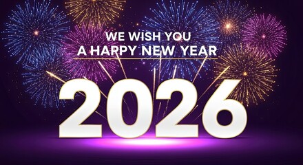 2026 New Year's Eve Fireworks: Festive Purple and Gold Celebration Background
