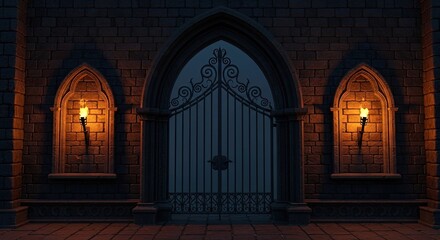 Gothic archway entrance with flickering torches at night