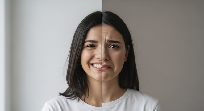Half of a woman's face shows happiness and joy, while the other half expresses sadness and discomfort. A visual representation of contrasting emotions, mental health, and human feelings. - Powered by Adobe