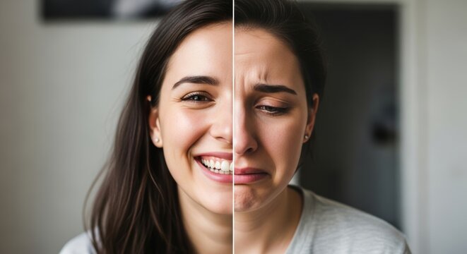 Split screen portrait of young woman showing contrasting emotions - happy smiling on left side, sad crying on right. Mental health, mood, and emotional wellness concept.