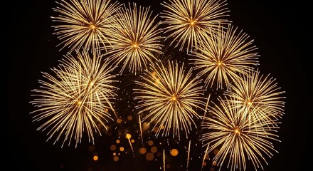 Golden fireworks bursting in a dark night sky