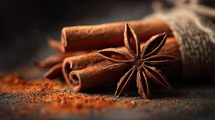 Close-up of cinnamon sticks and star anise on dark surface