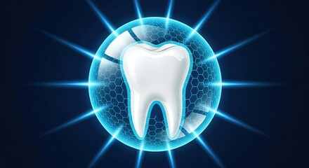 Glowing tooth protected by futuristic blue energy shield