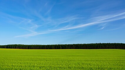 Obraz premium Vast green meadow under a bright blue sky with wispy clouds