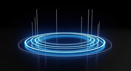Futuristic neon portal with glowing blue rings and light beams