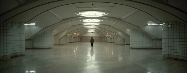 Empty, arched tunnel with a lone figure
