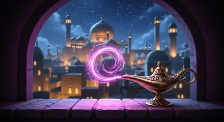 Magical genie lamp emitting swirling purple energy over arabian cityscape