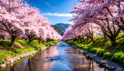 Pink blossoms over stream