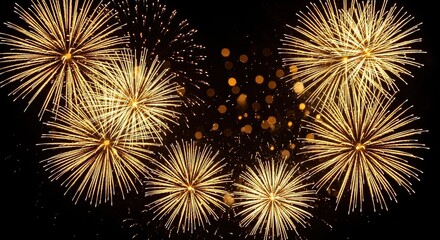 Golden fireworks bursting in a dark night sky