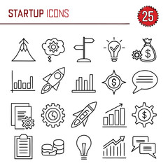 Collection of startup icons including mountain, cloud, signpost, lightbulb, money bag, rocket and graphs